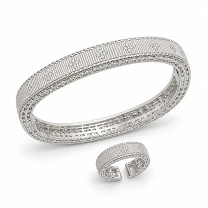 Royal Clover Ribbed 18K White Gold Bangle & Ring Set
