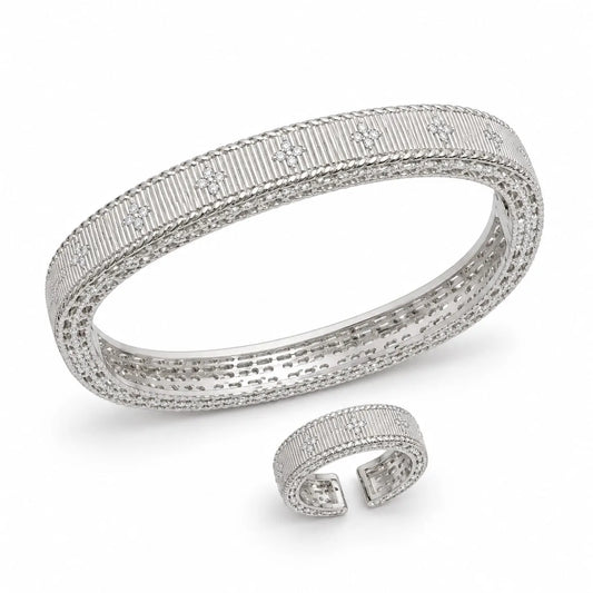Royal Clover Ribbed 18K White Gold Bangle & Ring Set