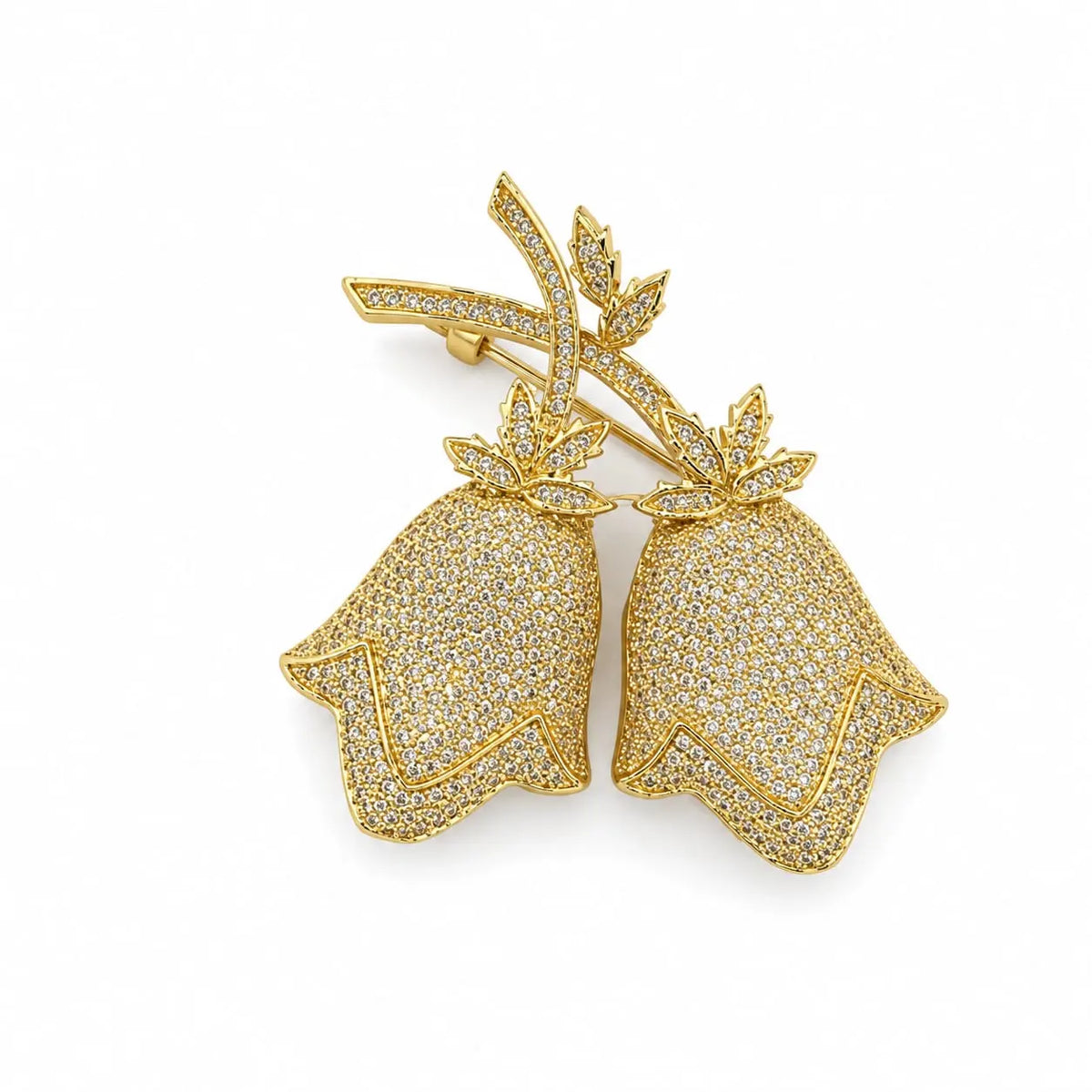 Royal Double Tulip Full Pave 18K Gold Floral Brooch