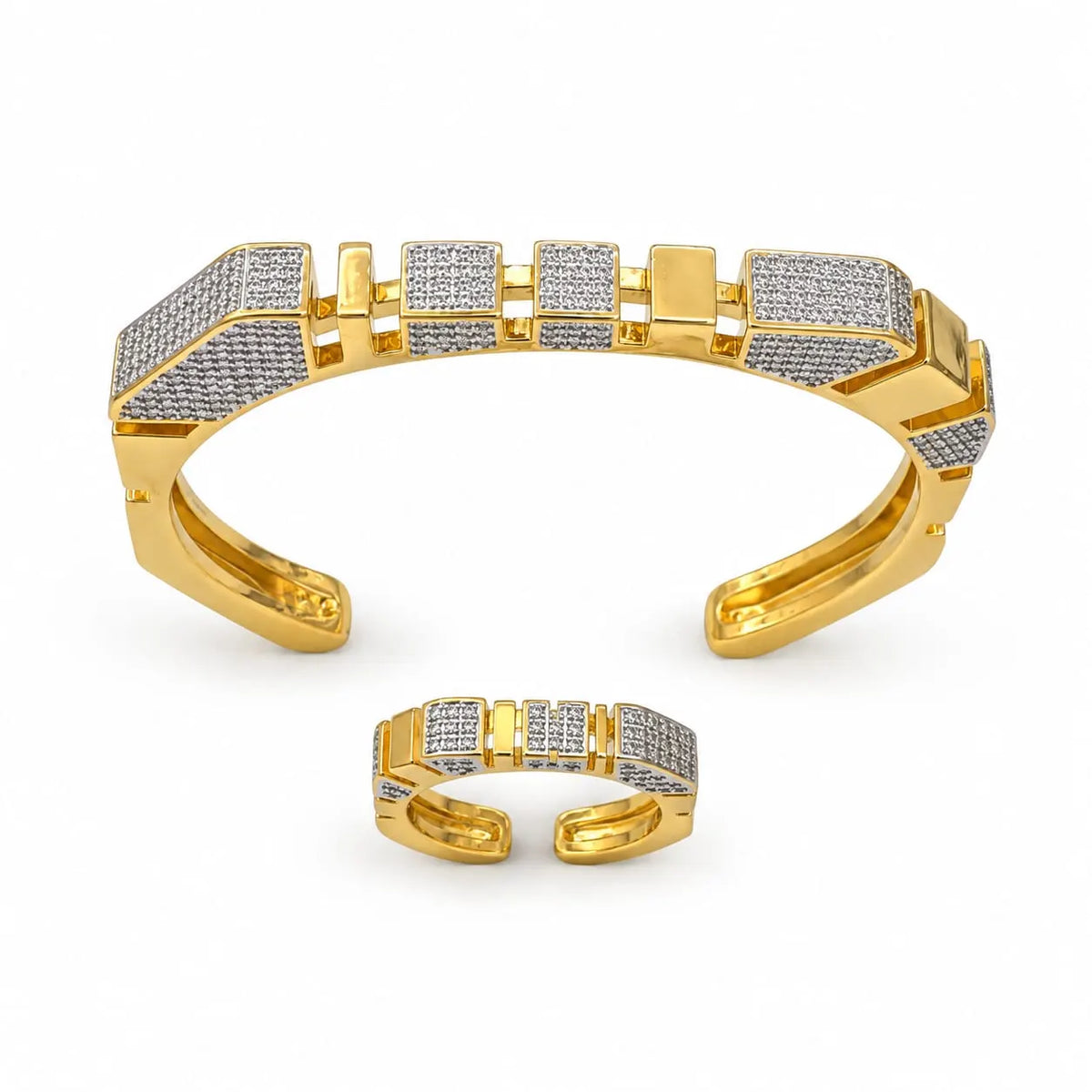 Modern Geometric Pave Gold Cuff Bangle & Ring Set