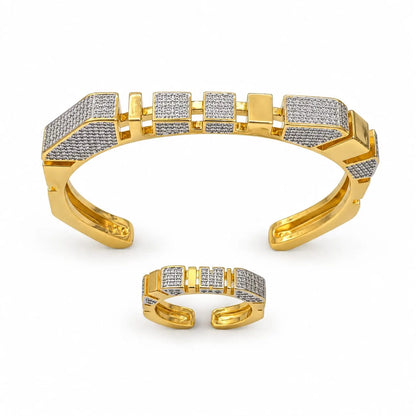 Modern Geometric Pave Gold Cuff Bangle & Ring Set