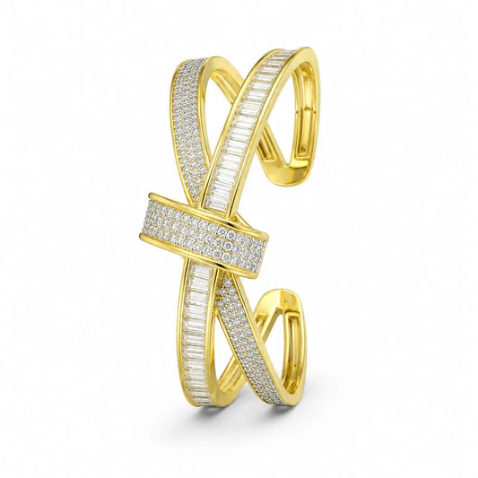 Royal Infinity Cross Baguette Pave 18K Gold Cuff Bracelet