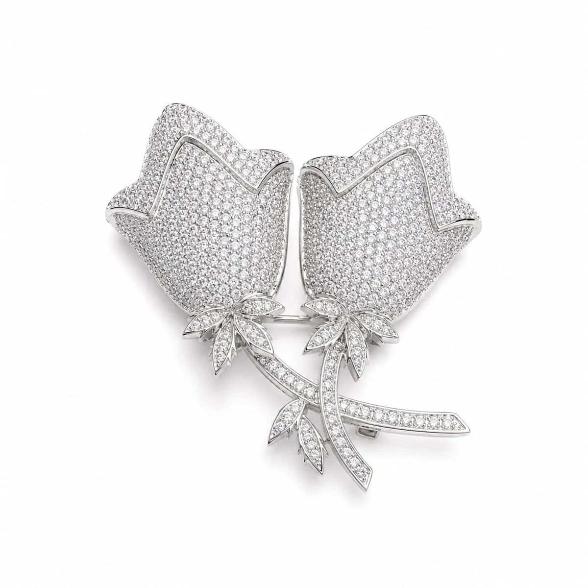 Royal Double Rose Full Pave 18K White Gold Brooch