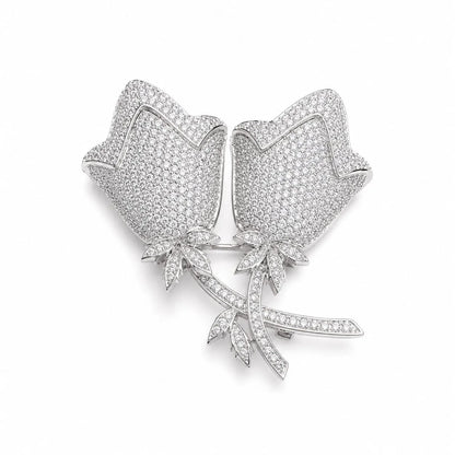 Royal Double Rose Full Pave 18K White Gold Brooch
