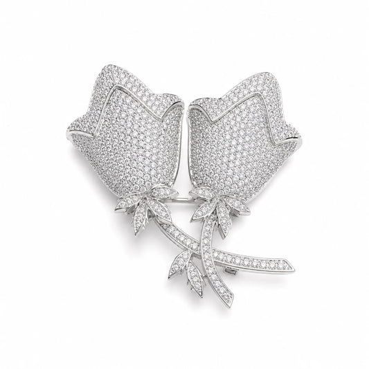 Royal Double Rose Full Pave 18K White Gold Brooch