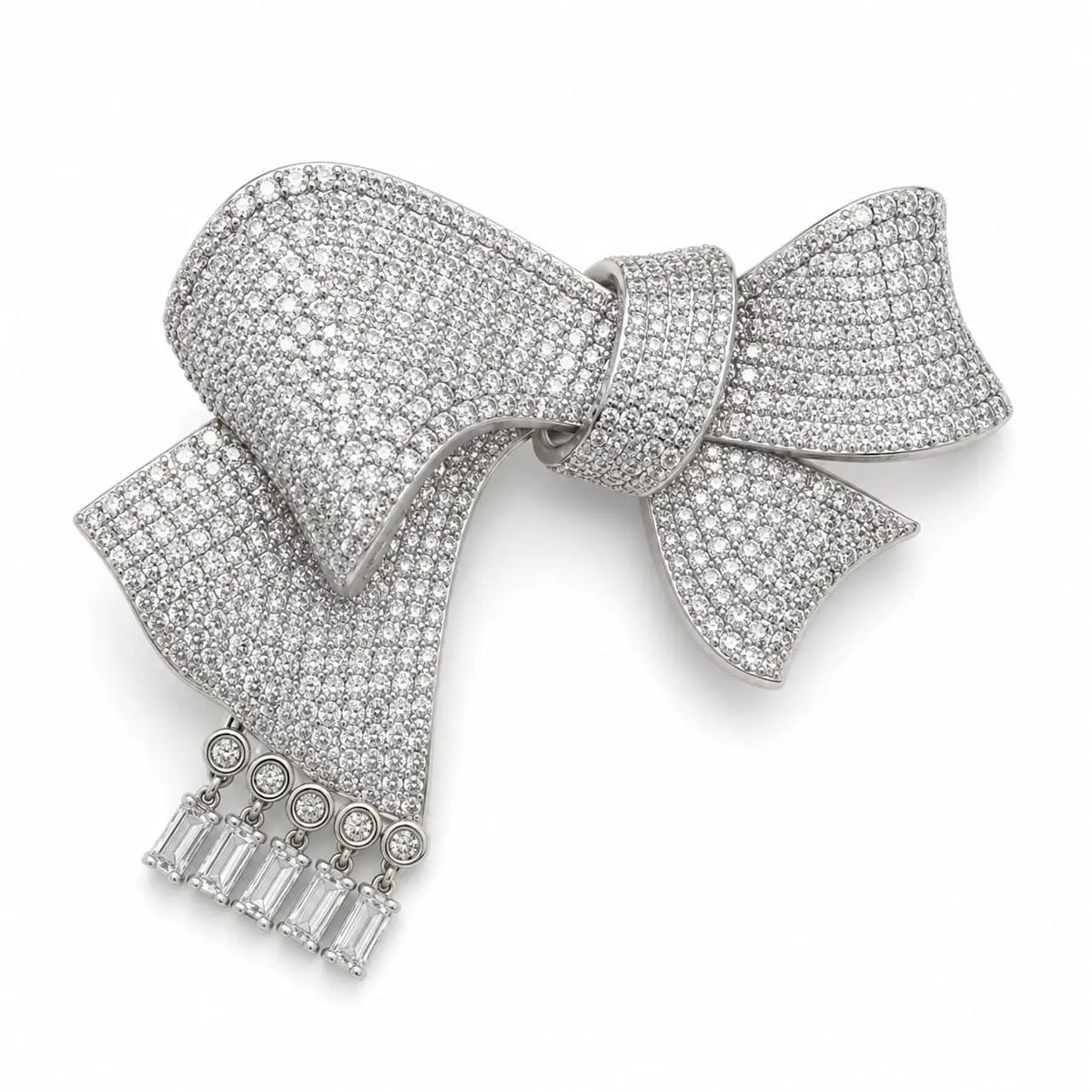 Royal Bow Tassel Full Pave 18K White Gold Statement Brooch