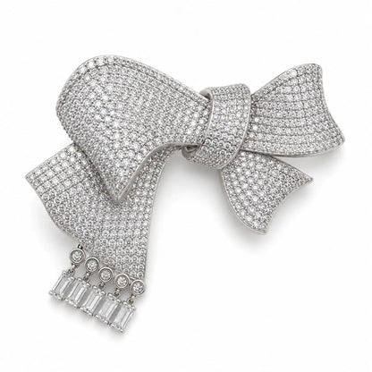 Royal Bow Tassel Full Pave 18K White Gold Statement Brooch