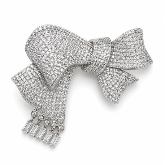 Royal Bow Tassel Full Pave 18K White Gold Statement Brooch
