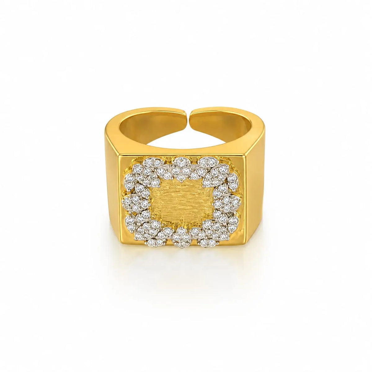 Royal Square Halo Floral Pave Brushed 18K Gold Open Ring