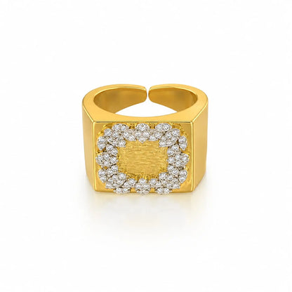 Royal Square Halo Floral Pave Brushed 18K Gold Open Ring