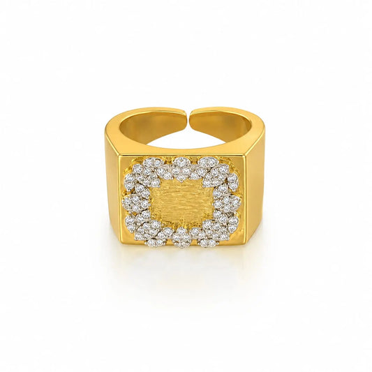 Royal Square Halo Floral Pave Brushed 18K Gold Open Ring