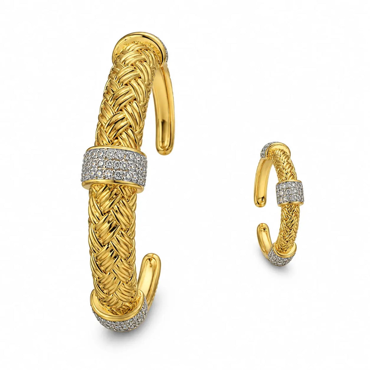 Royal Braided Rope Pave 18K Gold Open Cuff and Adjustable Ring Set