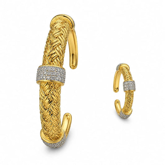 Royal Braided Rope Pave 18K Gold Open Cuff and Adjustable Ring Set