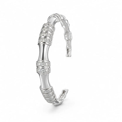 Royal Bamboo Full Pave 18K White Gold Adjustable Open Cuff