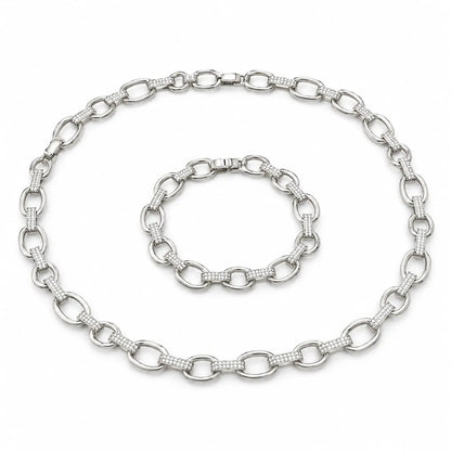 Royal Oval Link Pave Bar Rhodium Silver 2-Piece Set