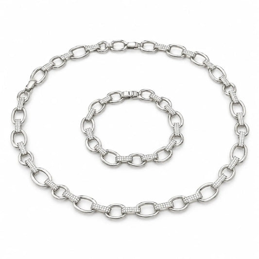 Royal Oval Link Pave Bar Rhodium Silver 2-Piece Set