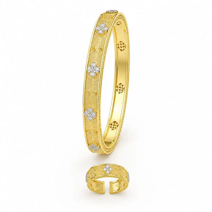 Royal Clover Textured 18K Gold Bangle & Ring Set