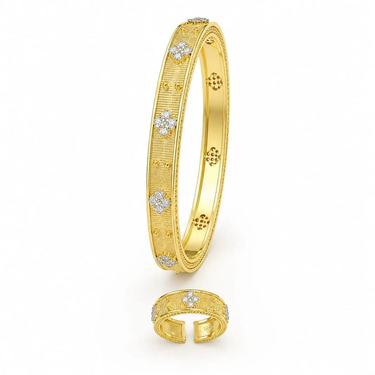 Royal Clover Textured 18K Gold Bangle & Ring Set