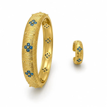 Royal Floral Enamel Textured 18K Gold Hinge Bangle and Adjustable Ring Set