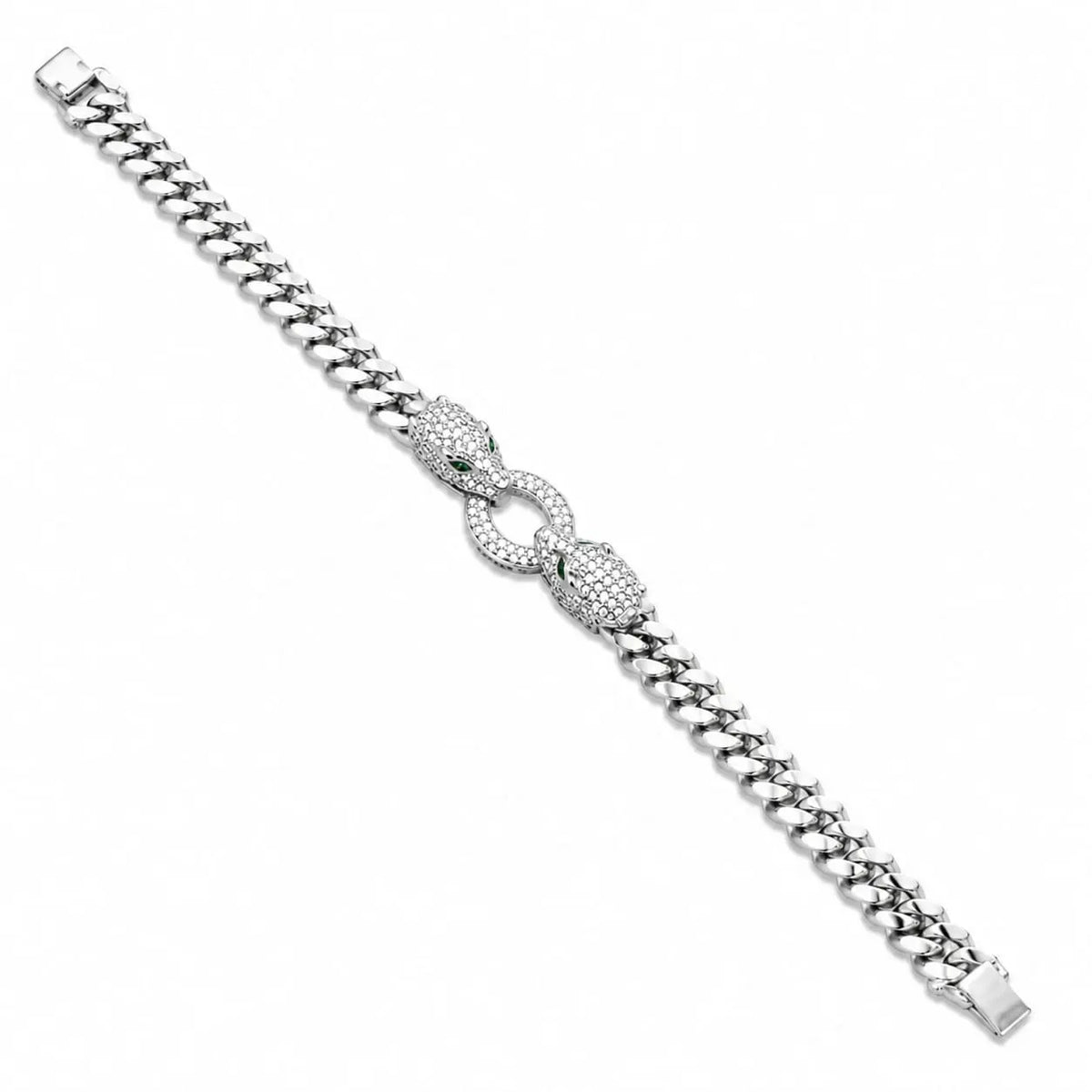 Royal Panther Double Head Cuban Link Rhodium Silver Bracelet