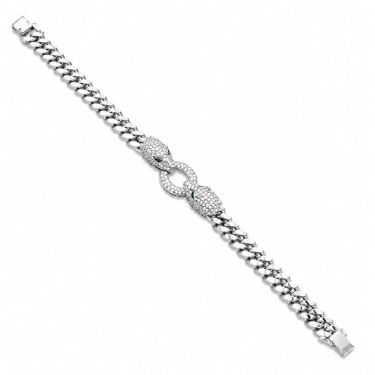 Royal Panther Double Head Cuban Link Rhodium Silver Bracelet