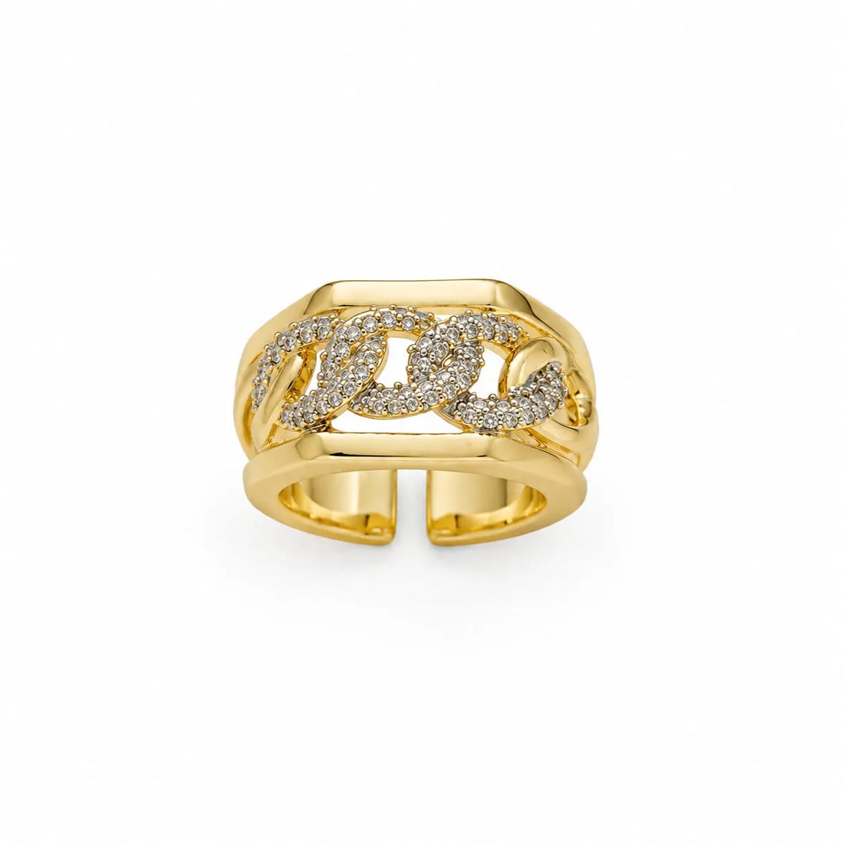 Royal Cuban Link Pave Chain Open 18K Gold Ring