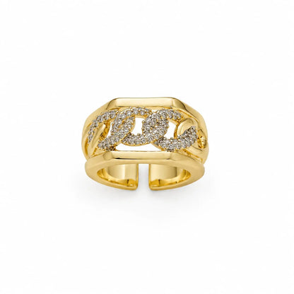 Royal Cuban Link Pave Chain Open 18K Gold Ring