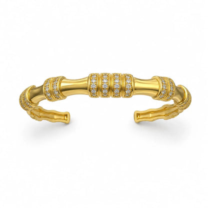 Royal Bamboo Multi Row Pave 18K Gold Adjustable Open Cuff Bangle