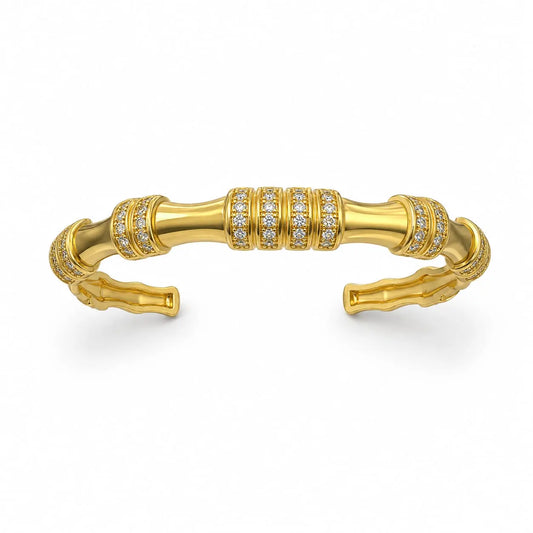 Royal Bamboo Multi Row Pave 18K Gold Adjustable Open Cuff Bangle