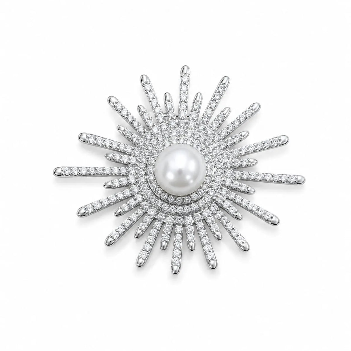 Royal Sunburst Pearl Center Halo Pave 18K White Gold Brooch