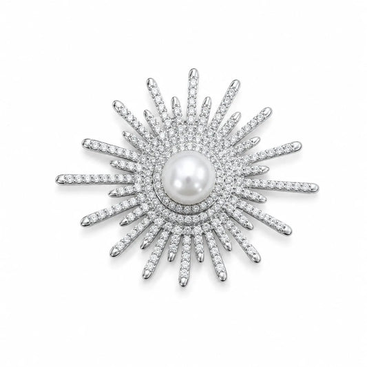 Royal Sunburst Pearl Center Halo Pave 18K White Gold Brooch