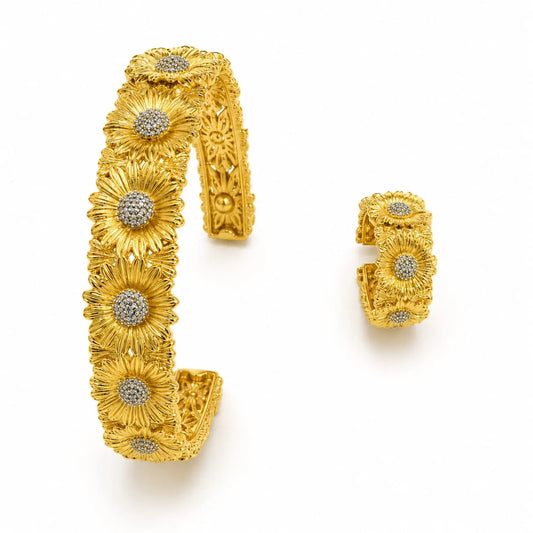 Royal Sunflower 3D Pave 18K Gold Bangle & Ring Set