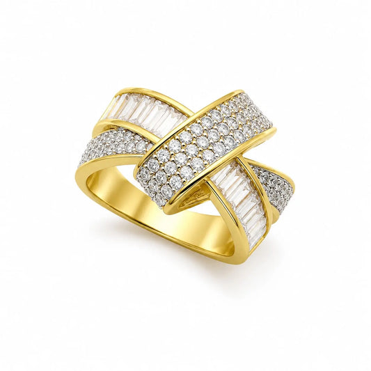 Royal Crossed Baguette & Round Pave 18K Gold Ring