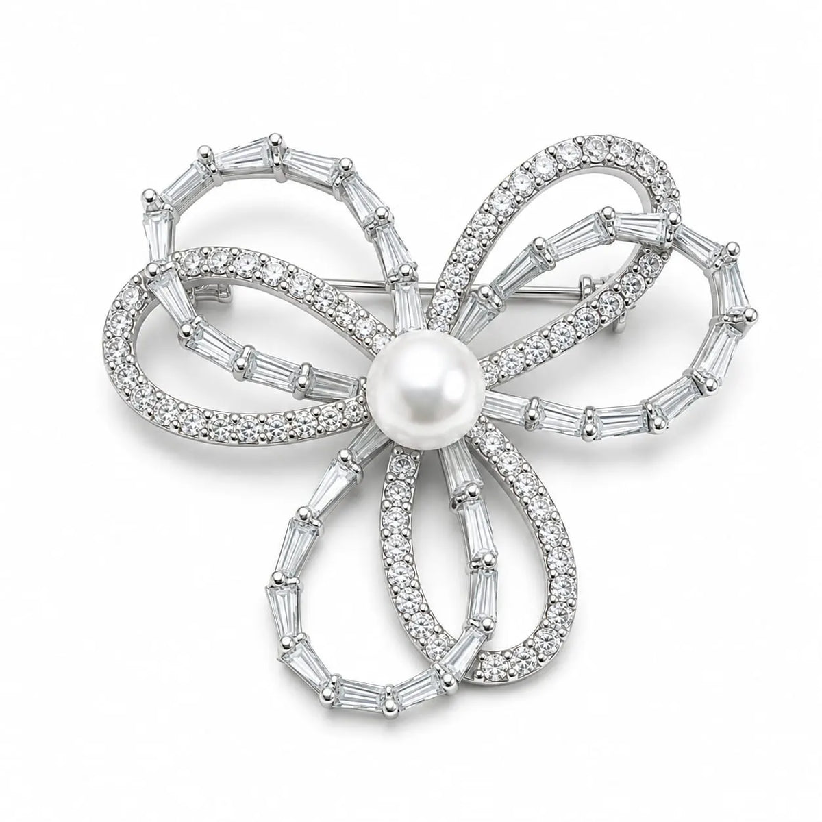Royal Bow Pearl Center Baguette Pave 18K White Gold Brooch