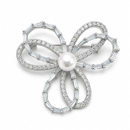 Royal Bow Pearl Center Baguette Pave 18K White Gold Brooch