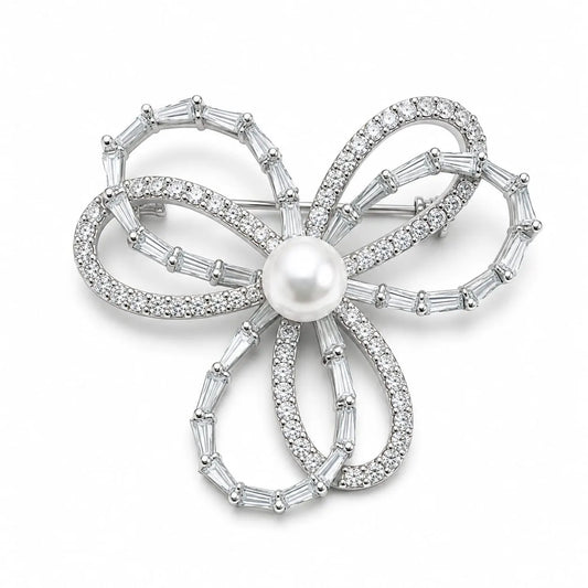 Royal Bow Pearl Center Baguette Pave 18K White Gold Brooch
