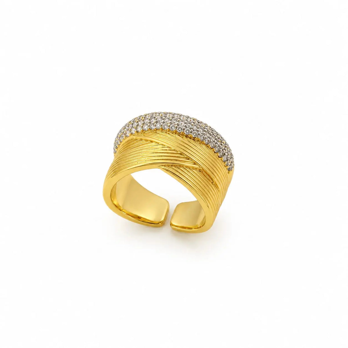 Royal Braided Pave Crossed Lines Open 18K Gold Ring