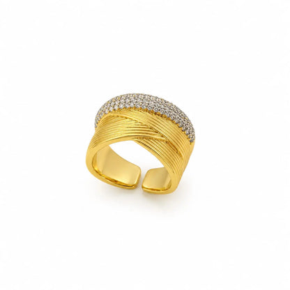 Royal Braided Pave Crossed Lines Open 18K Gold Ring