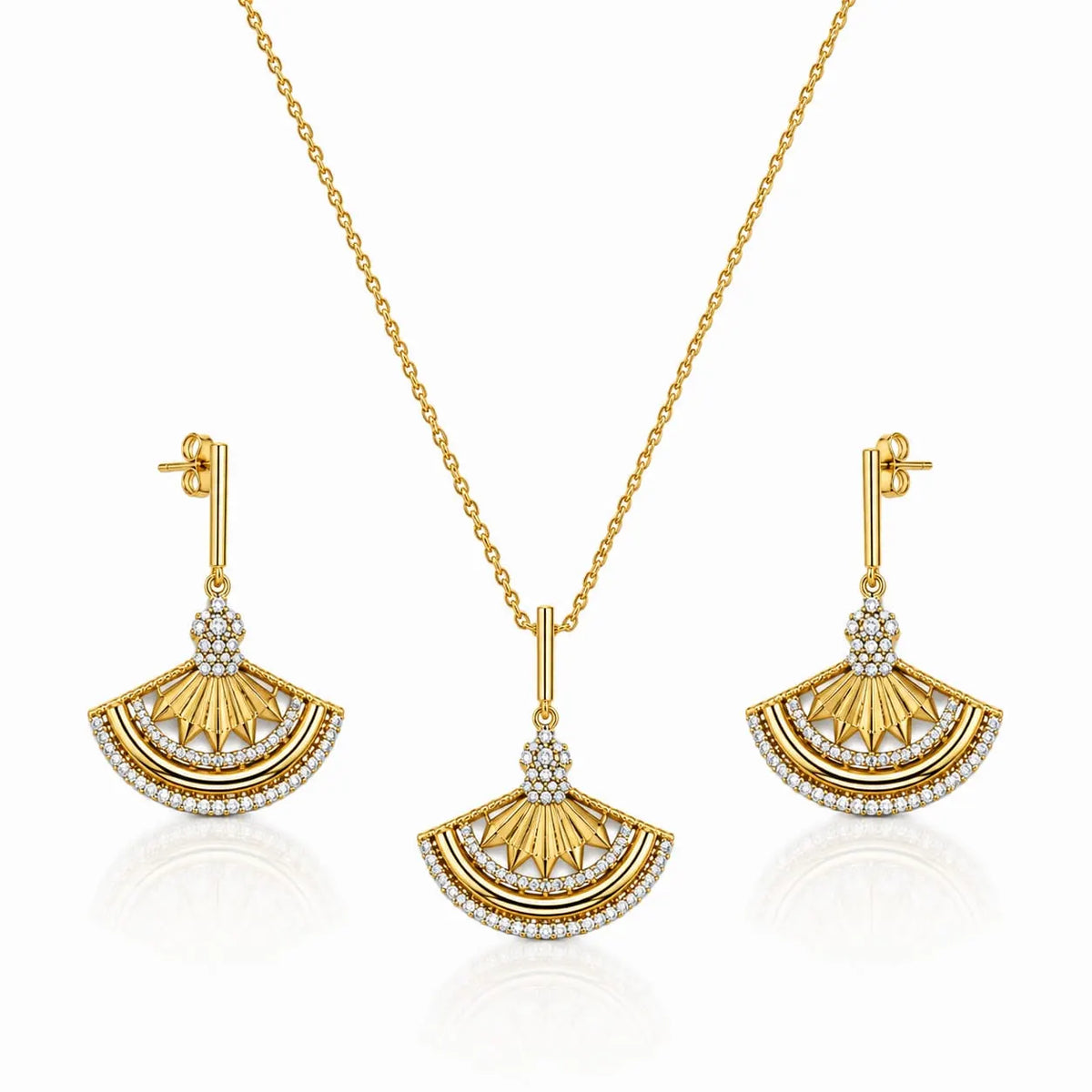 Royal Art Deco Fan Pave 18K Gold Necklace & Earrings Set