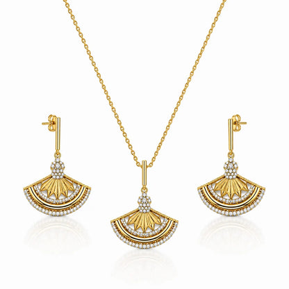 Royal Art Deco Fan Pave 18K Gold Necklace & Earrings Set