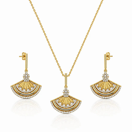 Royal Art Deco Fan Pave 18K Gold Necklace & Earrings Set