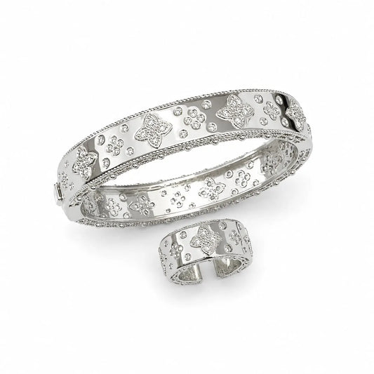 Royal Floral Pave Rhodium Silver Bangle & Ring Set