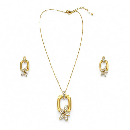 Royal Floral Oval Pave 18K Gold Necklace & Earrings Set