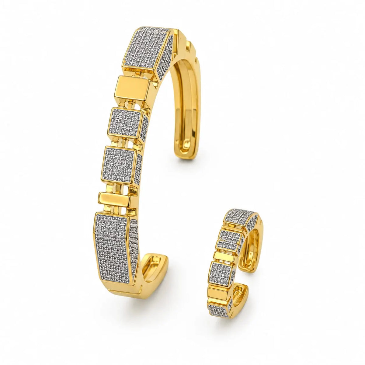 Modern Geometric Pave Gold Cuff Bangle & Ring Set