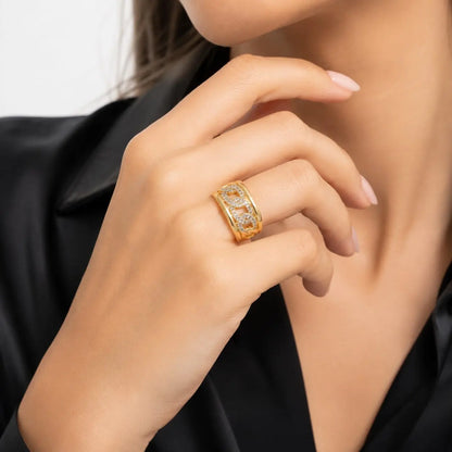 Royal Cuban Link Pave Chain Open 18K Gold Ring