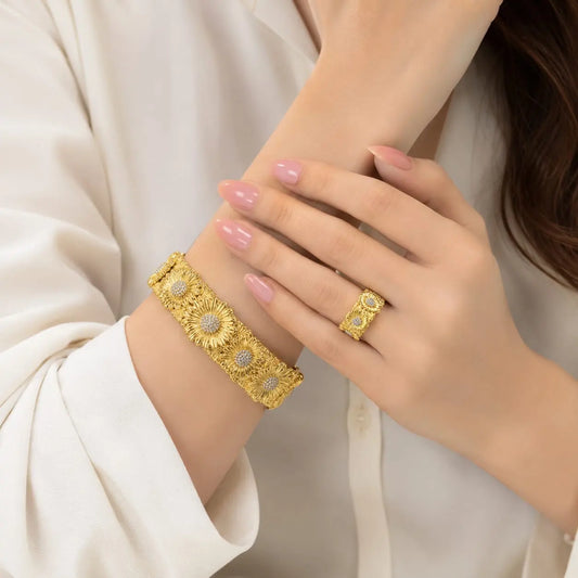 Royal Sunflower 3D Pave 18K Gold Bangle & Ring Set
