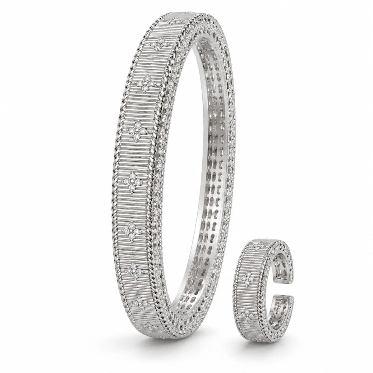 Royal Clover Ribbed 18K White Gold Bangle & Ring Set