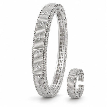 Royal Clover Ribbed 18K White Gold Bangle & Ring Set