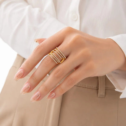Royal Geometric Layered Pave 18K Gold Ring