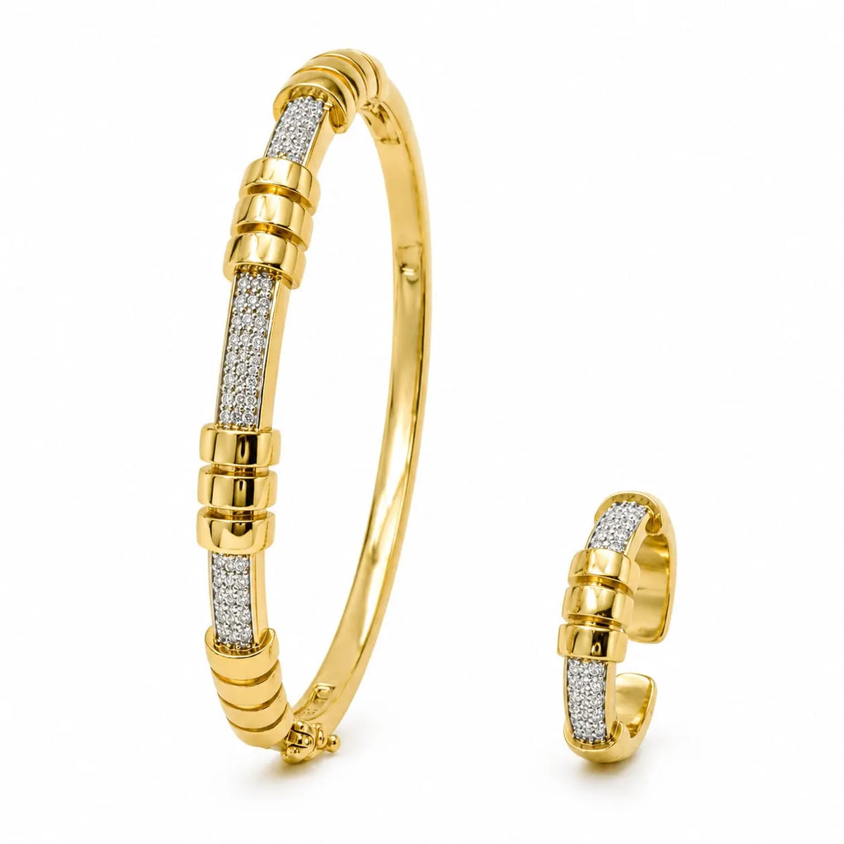 Classic Ribbed Pave Gold Bangle & Ring Set